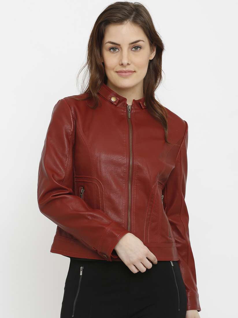 Buy Kraus Jeans Women Maroon Solid Biker Jacket Jackets for Women 7790421 Myntra