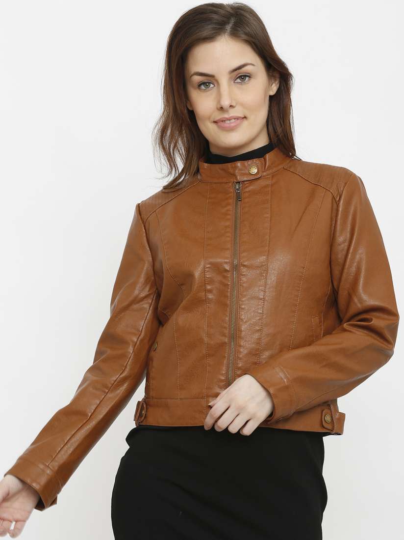 Buy Kraus Jeans Women Brown Solid Biker Jacket Jackets for Women 7790429 Myntra