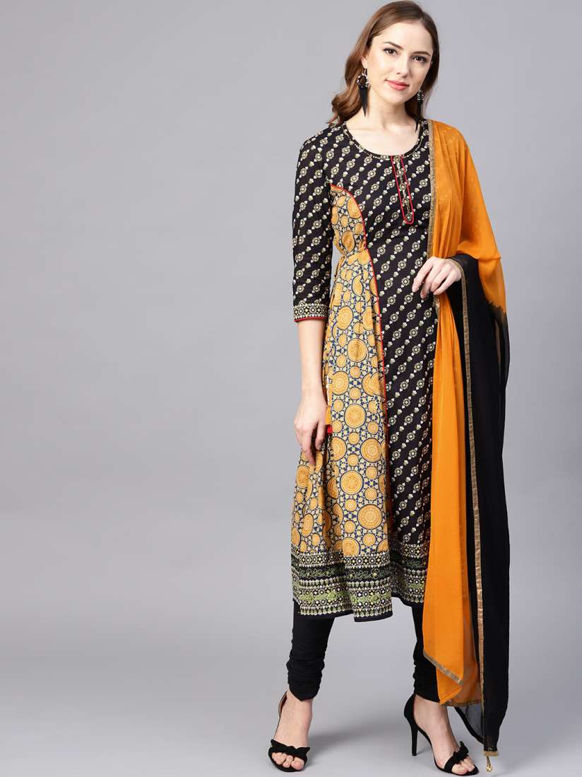 Buy Rain Rainbow Women Black Mustard Yellow Printed Kurta with Churidar Dupatta Kurta Sets for Women 7800477 Myntra