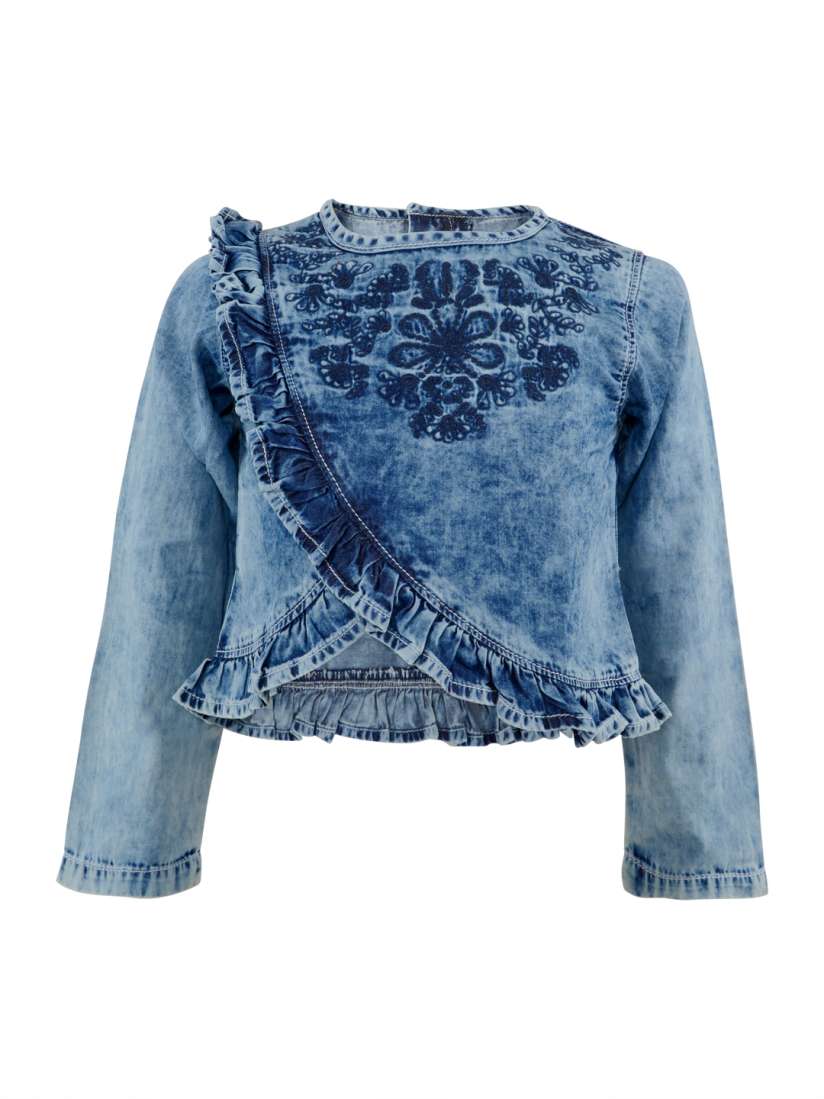 Buy One Friday Girls Blue Solid Bardot Denim Pure Cotton Top Tops for Girls 7823863 Myntra