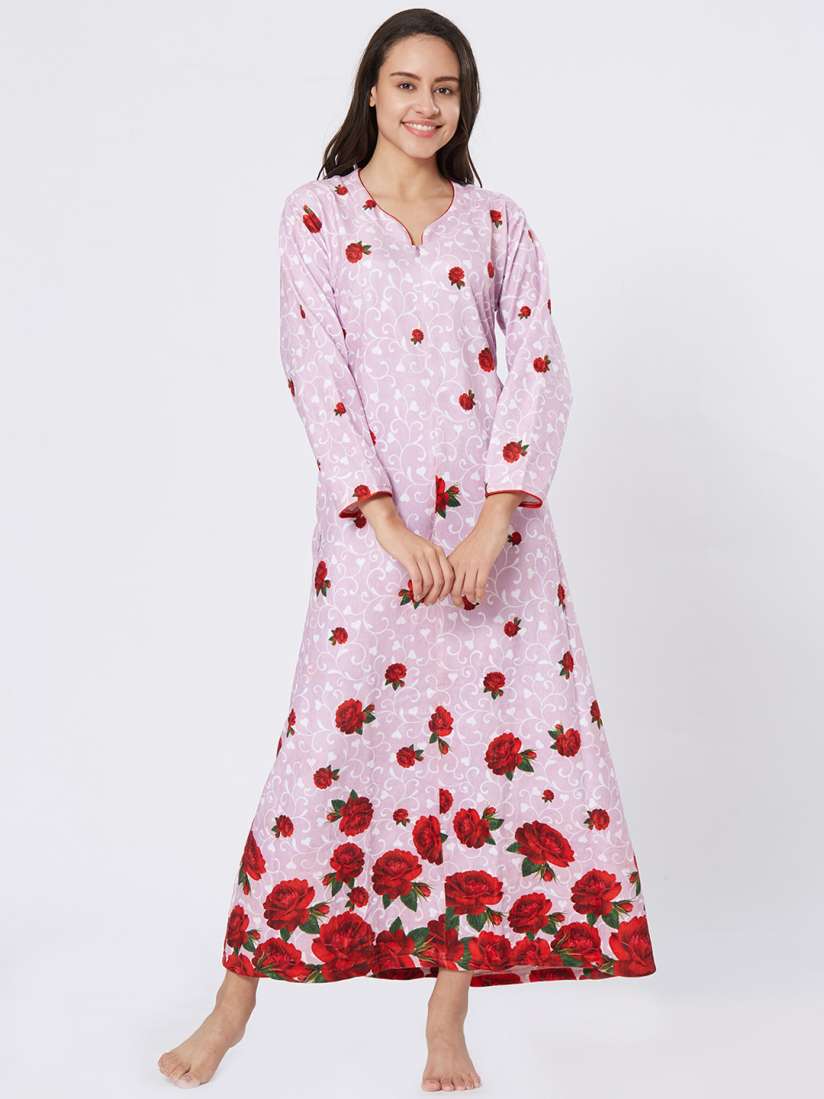 Buy Velvet by night Light Purple Cotton Full Sleeves Printed Full Nighty For Women Nightdress for Women 7824377 Myntra