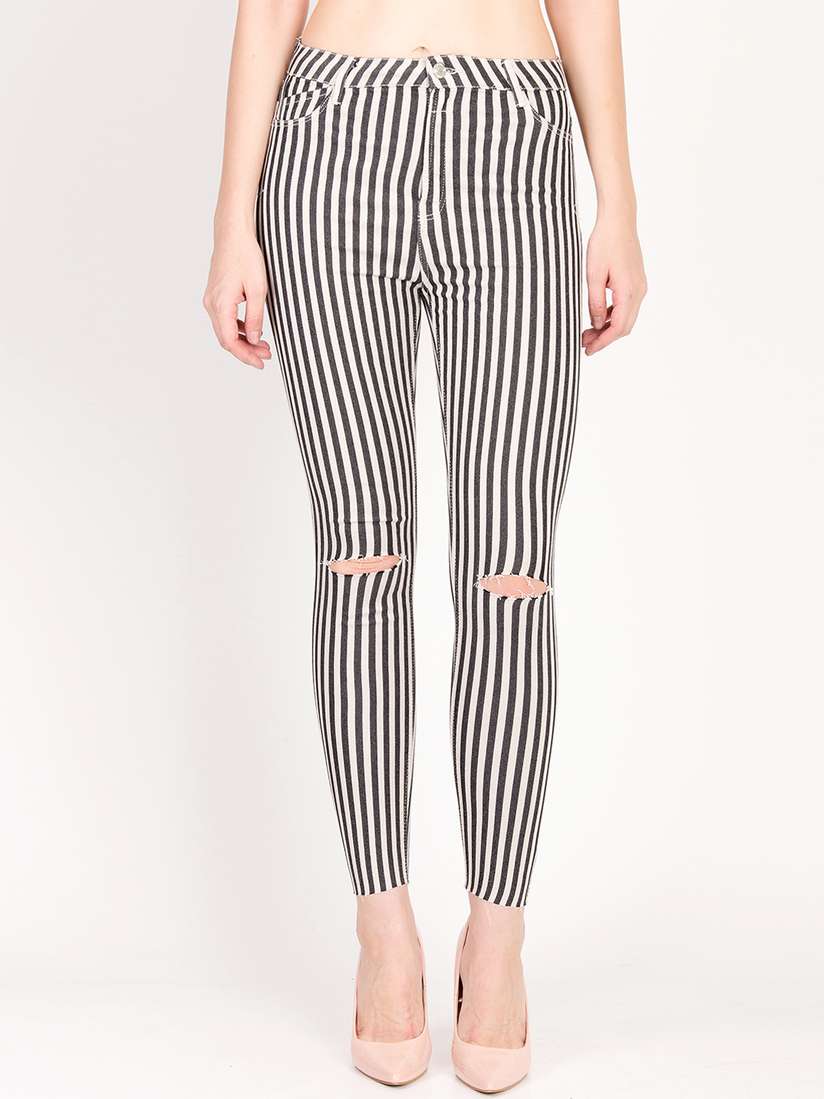 Buy Kotty Women White and Black Striped Skinny Fit High-Rise