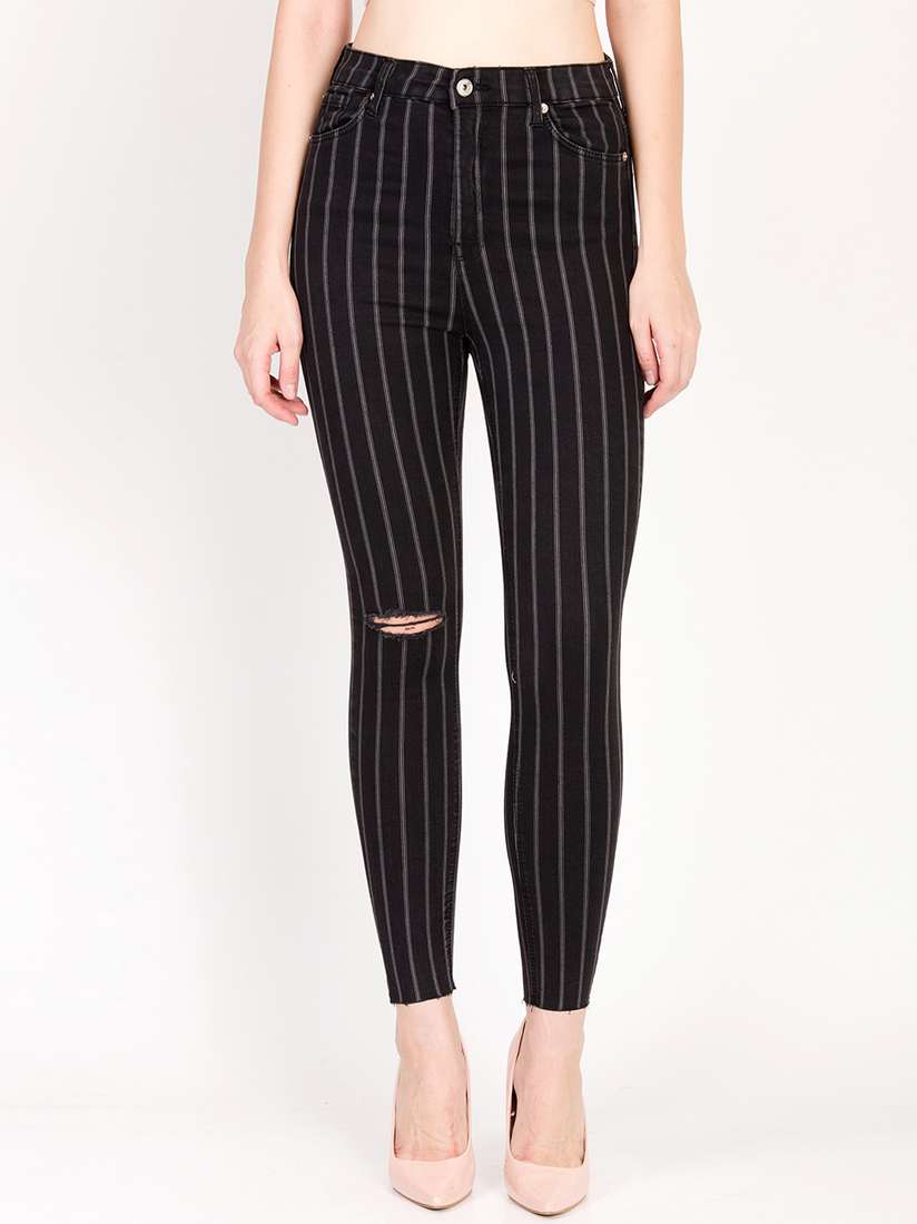 Women's White And Black Striped Skinny Jeans TRIPP NYC Black