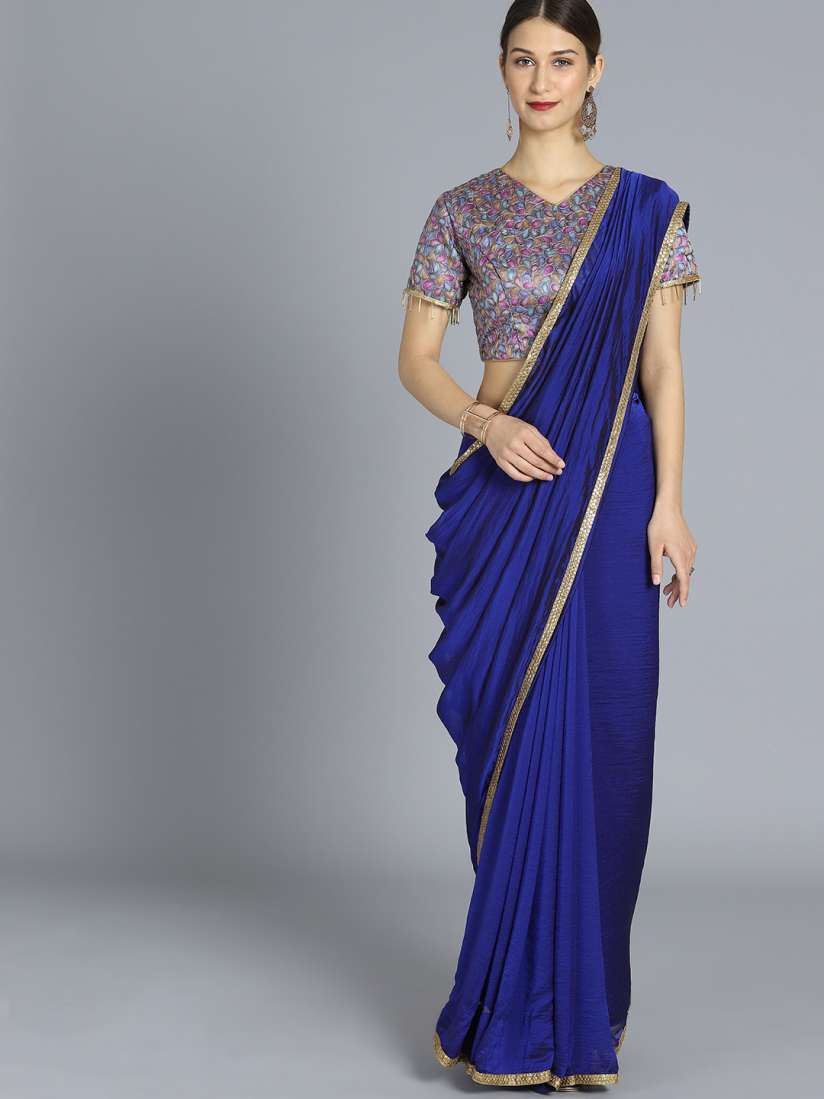 Buy Ethnovog Blue Saree with Embroidered Stitched Blouse Sarees for Women 7856403 Myntra