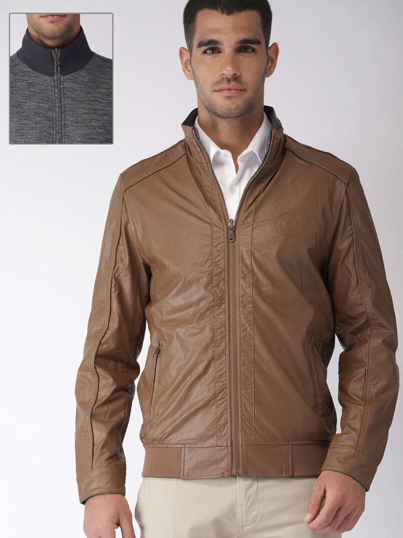 Buy Indian Terrain Men Brown Navy Blue Solid Reversible Biker Jacket Jackets for Men 7985873 Myntra