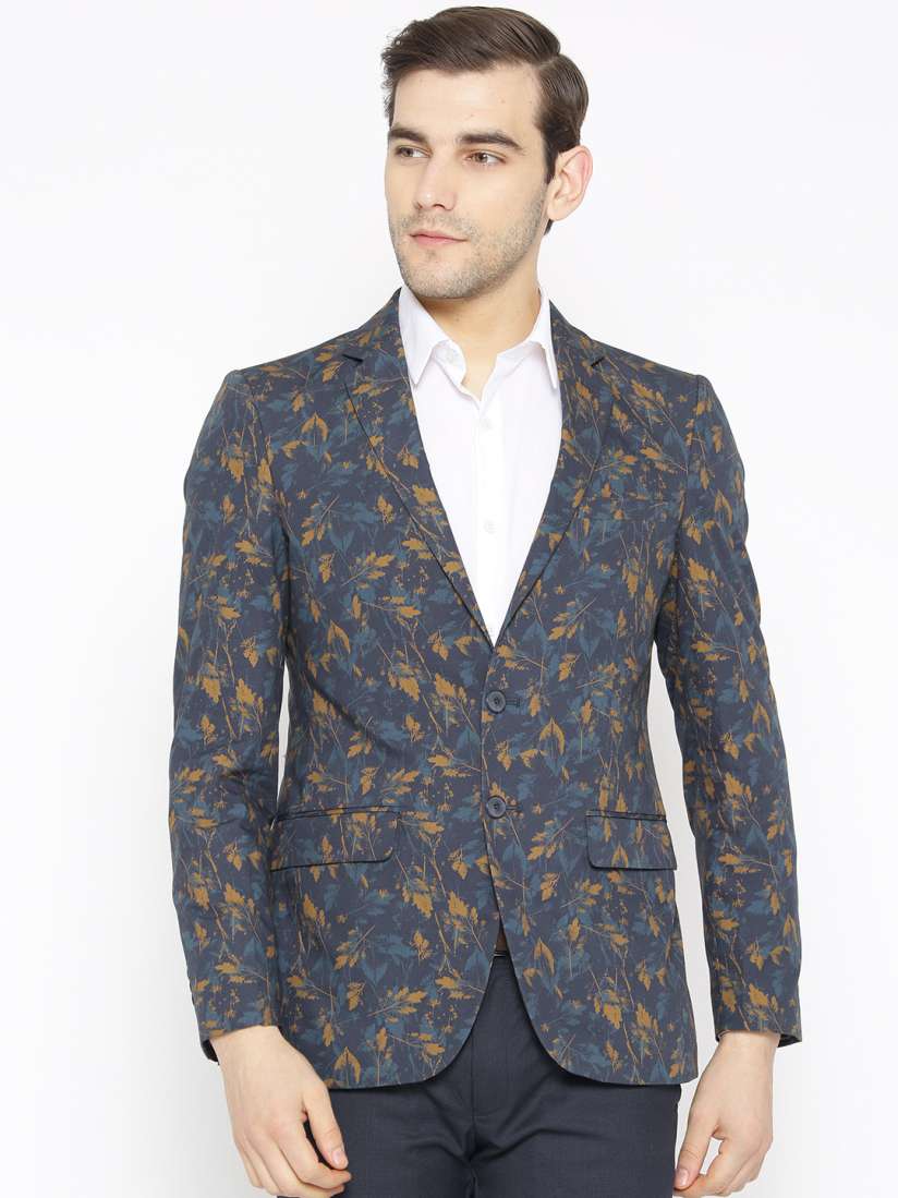 Buy Raymond Men Navy Blue Mustard Brown Slim Fit Printed Single Breasted Smart Casual Pure Cotton Blazer Blazers for Men 8023555 Myntra