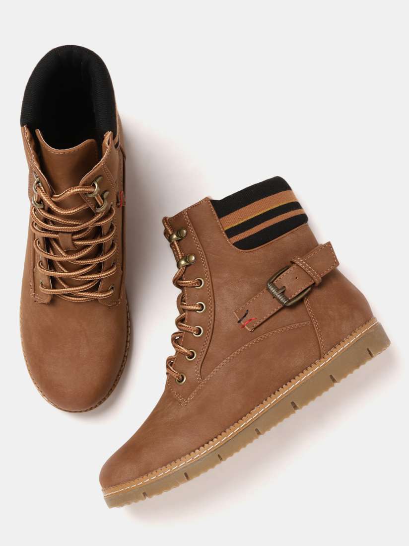 Buy Mast Harbour Women Brown Solid Synthetic Mid Top Flat Boots Boots for Women 8060755 Myntra