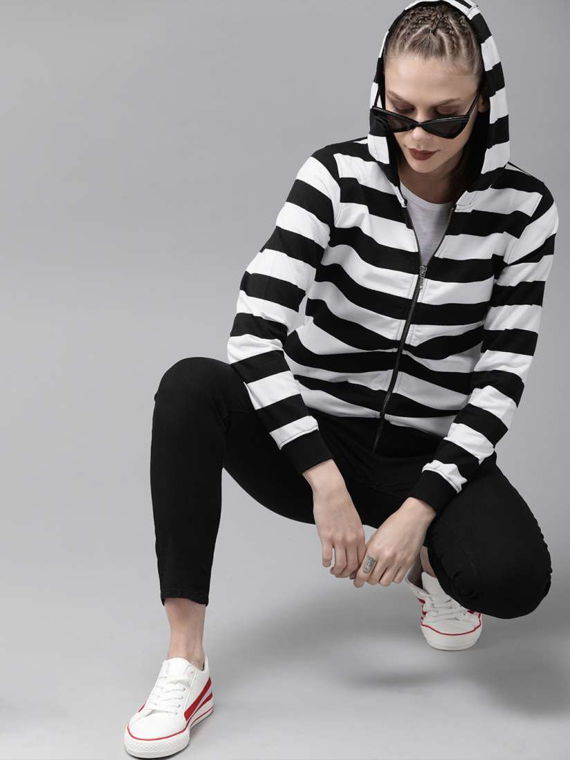 Buy Roadster Women Black White Striped Hooded Sweatshirt Sweatshirts for Women 8065769 Myntra