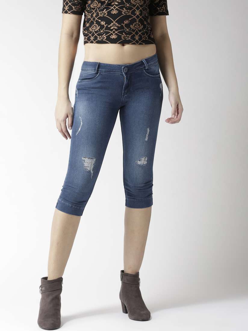 Buy Xpose Women Blue Solid Skinny Fit Distressed Denim Capris Capris for Women 8066273 Myntra