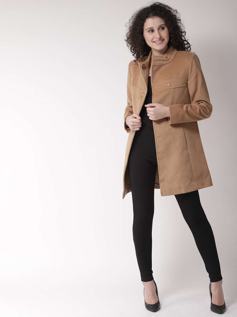 Buy Madame Women Khaki Solid Overcoat Coats for Women 8066477 Myntra