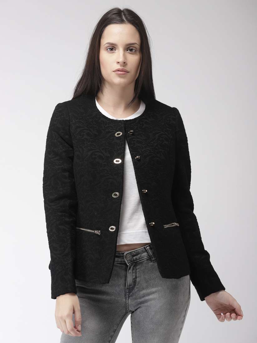 Buy Madame Women Black Self Design Short Overcoat Coats for Women 8066501 Myntra