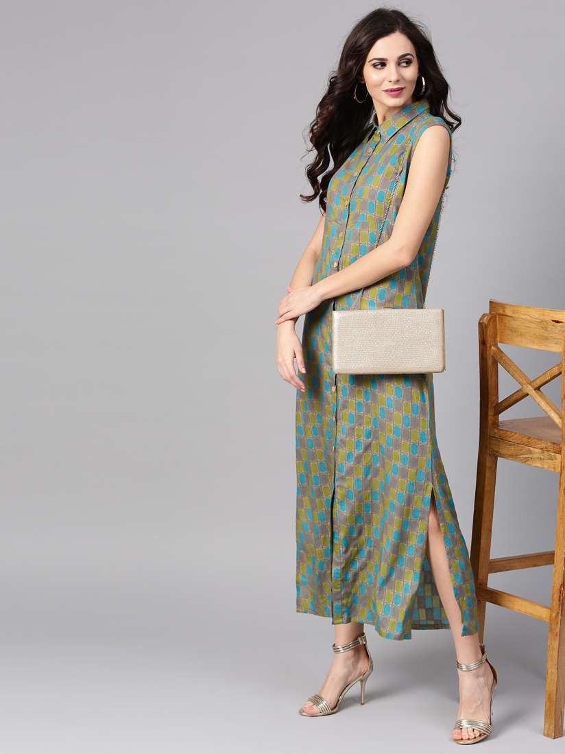 Buy AKS Women Grey Green Printed Maxi Shirt Dress Dresses for Women 8076797 Myntra