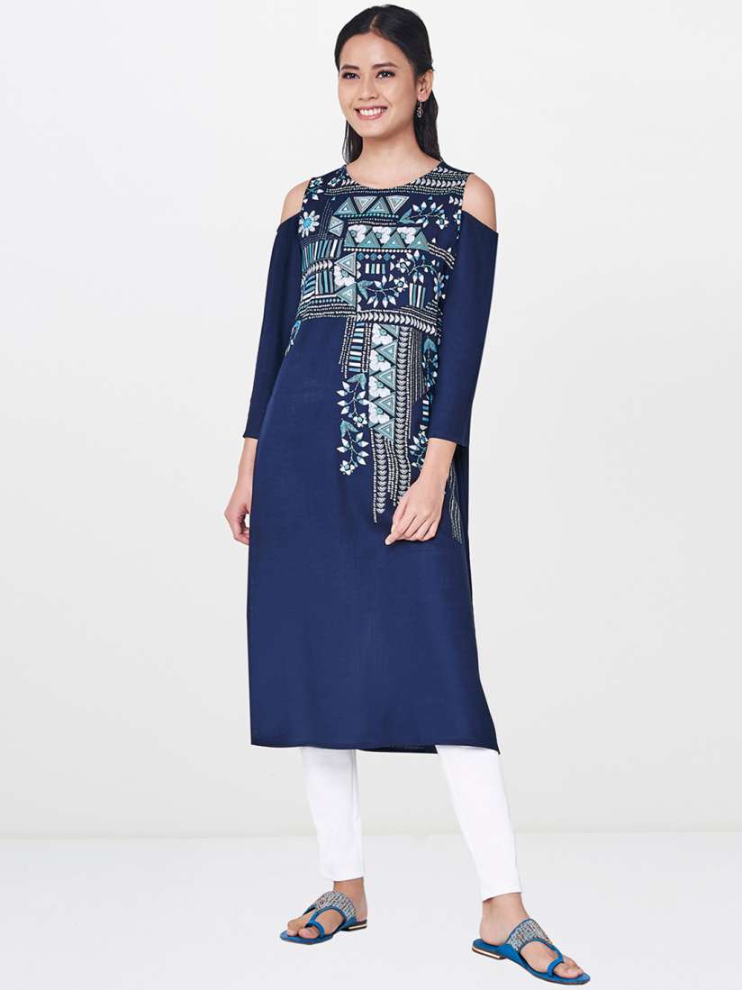 Buy Global Desi Women Navy Blue Printed Straight Cold Shoulder Kurta Kurtas for Women 8113853 Myntra