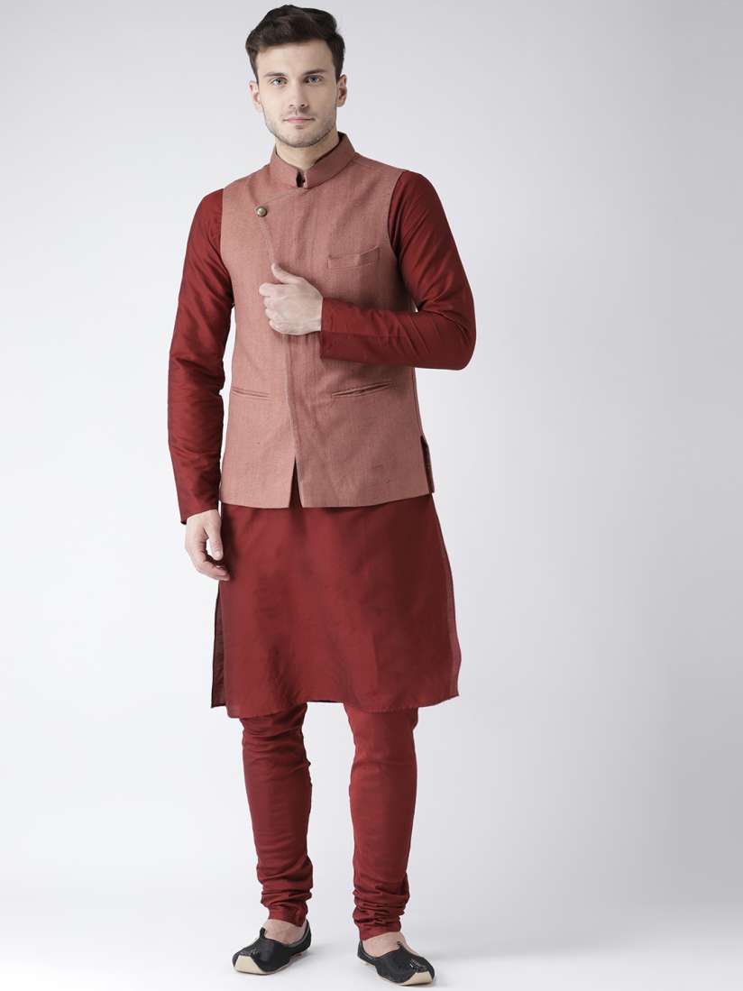 Buy KISAH Men Maroon Rust Solid Kurta with Churidar Nehru Jacket Kurta Sets for Men 8139763 Myntra