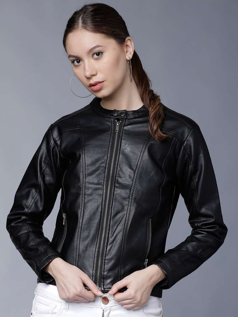 Myntra Womens Black Leather Jacket With Hood Logo Down Jacket