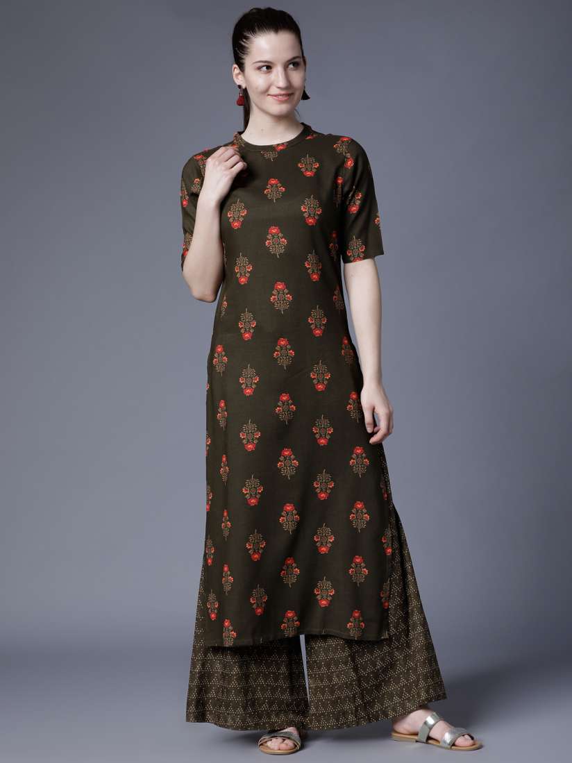 Buy Vishudh Women Olive Green Printed Kurta with Palazzos Kurta Sets for Women 8255317 Myntra