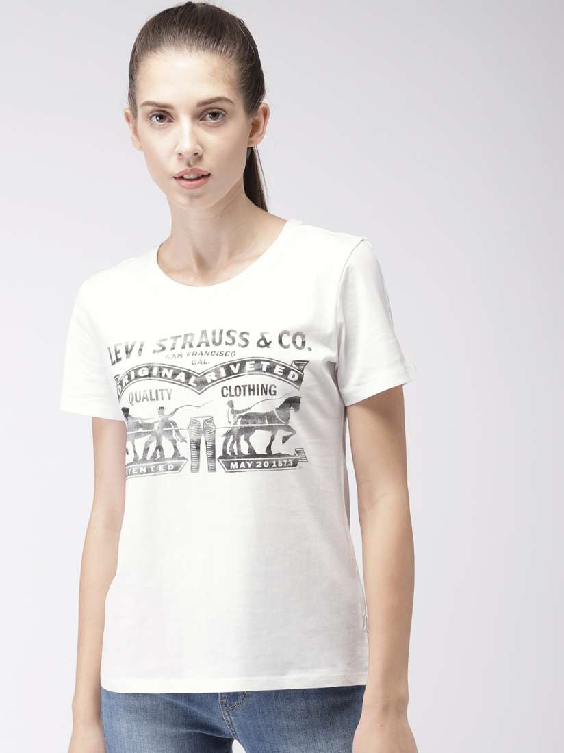Buy Levis Women White Black Printed Round Neck Pure Cotton T shirt Tshirts for Women 8315411 Myntra