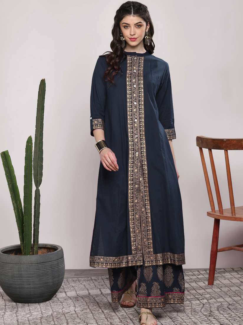 Buy Sangria Women Navy Blue Gold Coloured Printed Kurta with Palazzos Kurta Sets for Women 8349651 Myntra