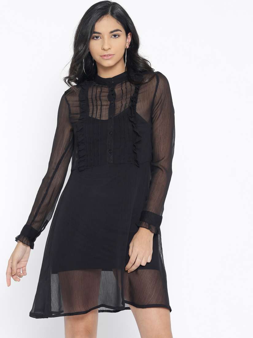 Buy StalkBuyLove Women Black Solid Sheer A Line Dress Dresses for Women 8375073 Myntra