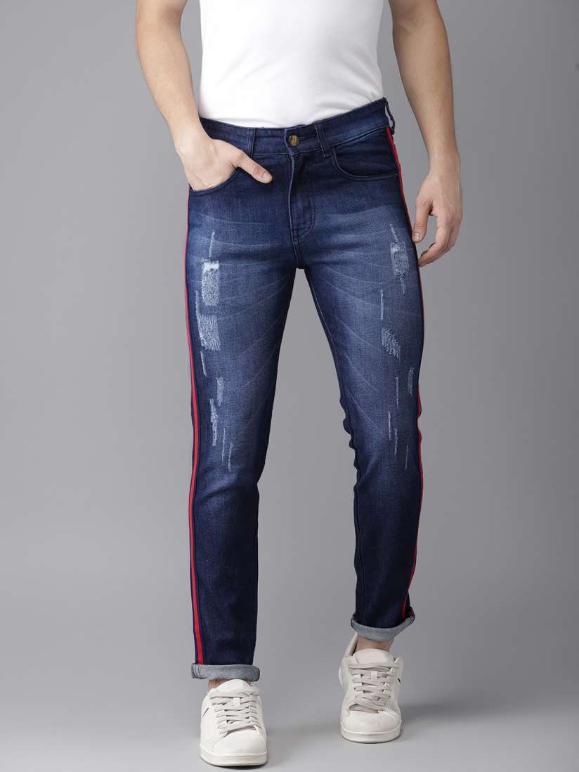 Buy Campus Sutra Men Blue Slim Fit Mid Rise Dark Shaded Side Red Stripe Stitching Denim Jeans Jeans for Men 8375979 Myntra