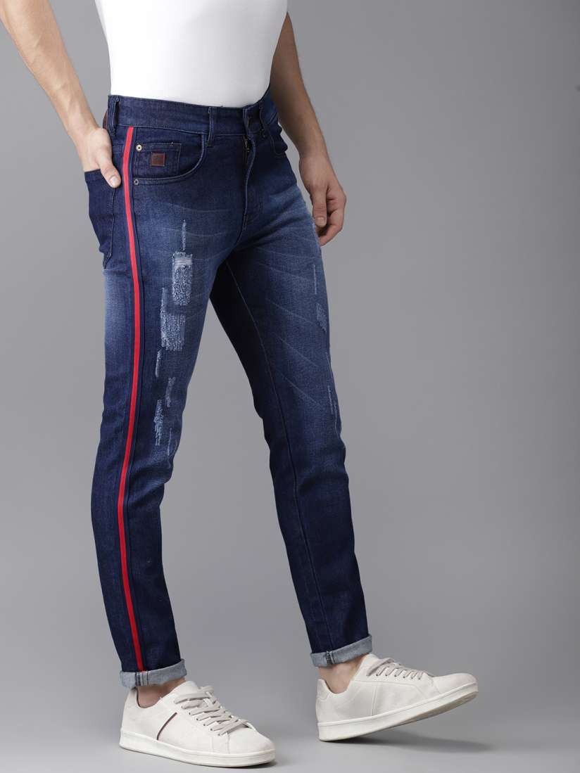 Buy Campus Sutra Men Blue Slim Fit Mid Rise Dark Shaded Side Red Stripe Stitching Denim Jeans Jeans for Men 8375979 Myntra