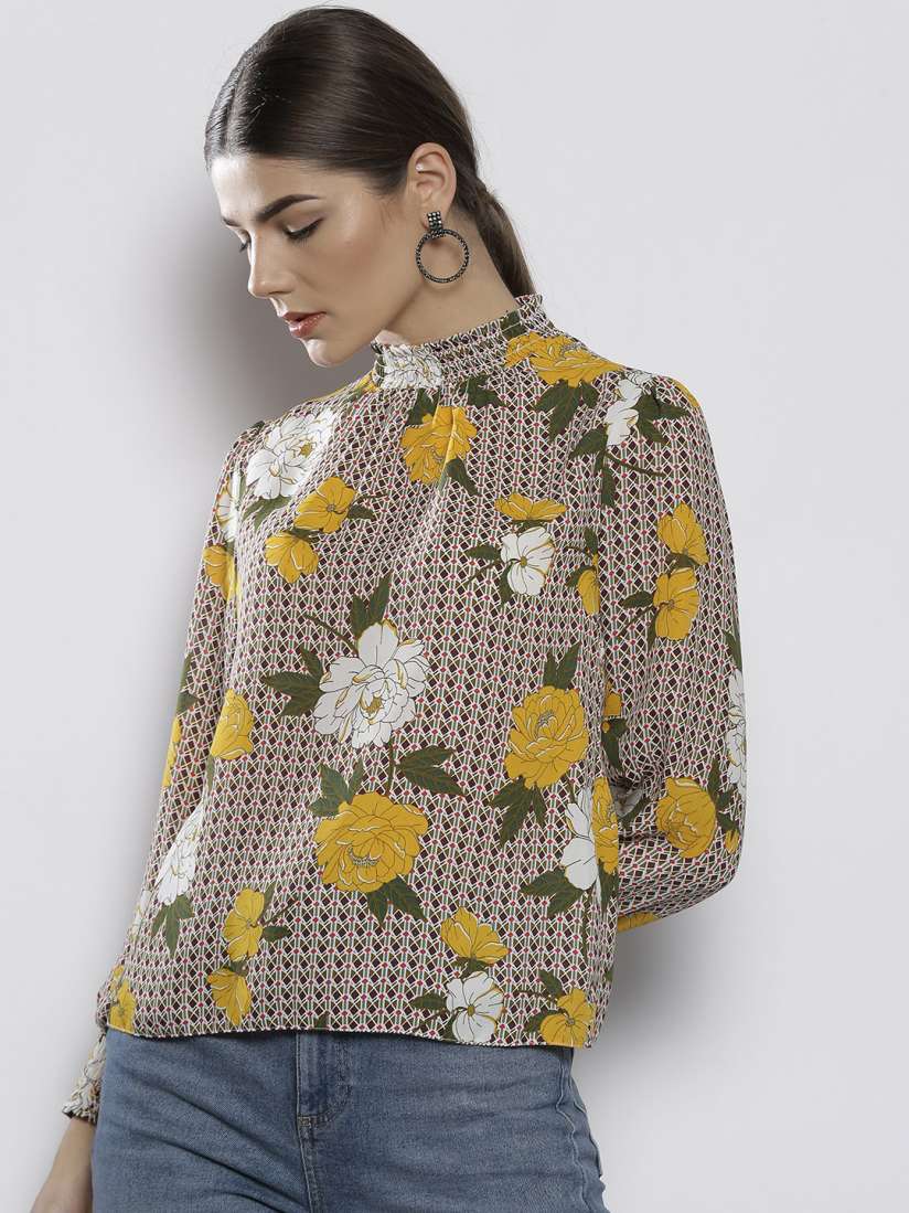 Buy DOROTHY PERKINS Women Petite Mustard Yellow Green Floral Print Top Tops for Women 8403593 Myntra