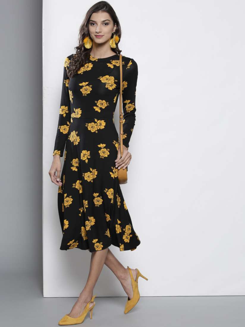 Buy DOROTHY PERKINS Women Black Mustard Yellow Floral Print A Line Dress Dresses for Women 8403695 Myntra