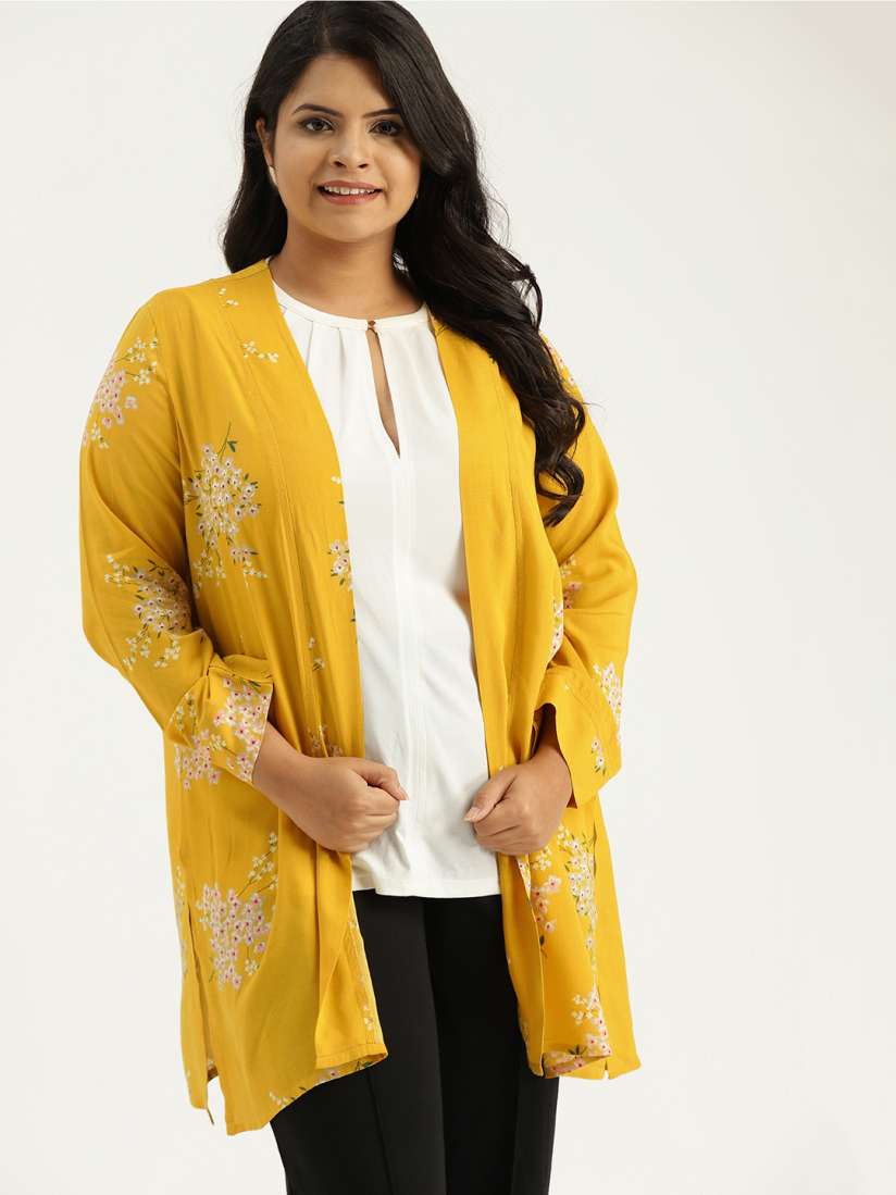 Buy Sztori Plus Size Mustard Yellow Pink Floral Print Open Front Shrug Shrug for Women 8416069 Myntra