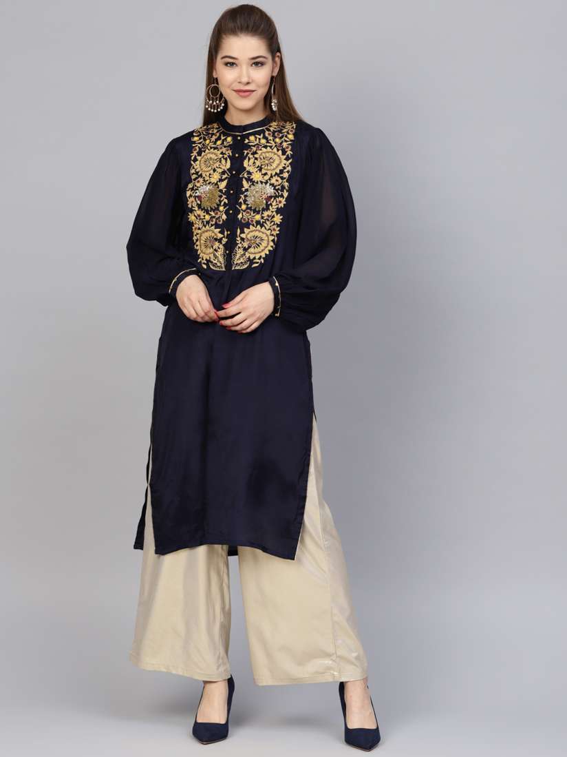 Buy WISHFUL by W Women Navy Blue Golden Yoke Design Straight Kurta Kurtas for Women 8429117 Myntra