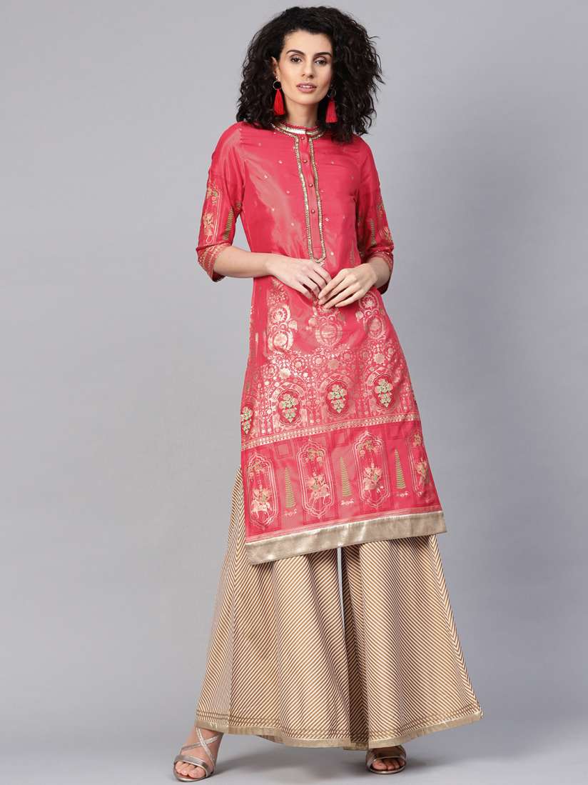 Buy WISHFUL by W Women Pink Golden Printed Straight Kurta Kurtas for Women 8429289 Myntra