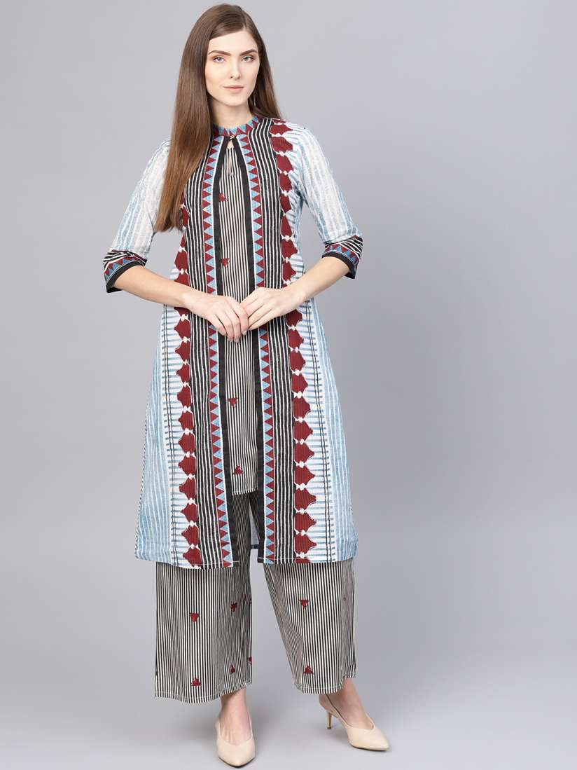 Buy W Women White Black Striped Layered Kurta with Palazzos Kurta Sets for Women 8429471 Myntra