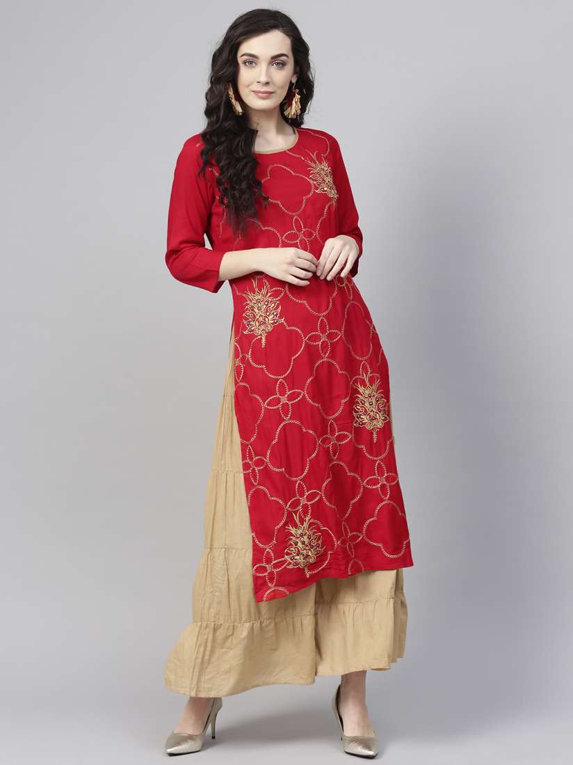 Buy ANAISA Women Red Beige Embroidered Layered Maxi Dress Dresses for Women 8452303 Myntra