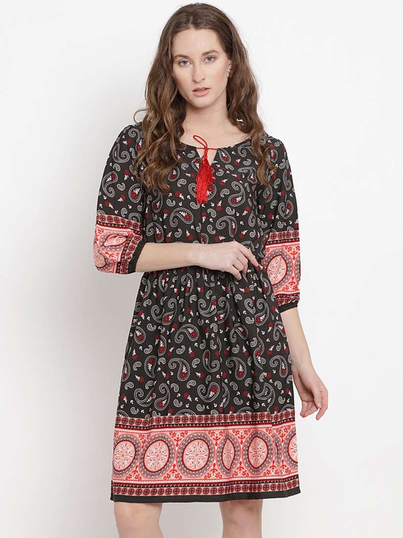 Buy Abiti Bella Women Black Peach Coloured Printed Fit and Flare Dress Dresses for Women 8480005 Myntra