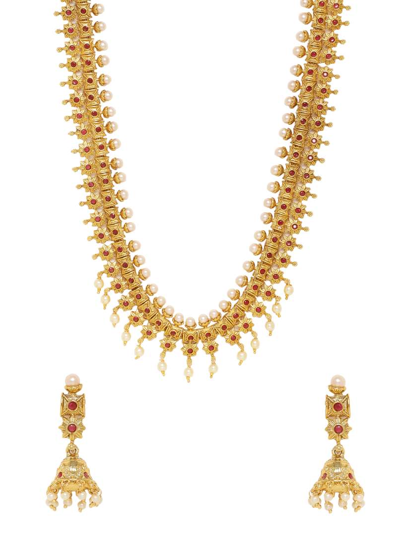 Buy Voylla Women Gold Plated Red Pearl Stone Studded Handcrafted Temple Jewellery Set Jewellery Set for Women 8494453 Myntra