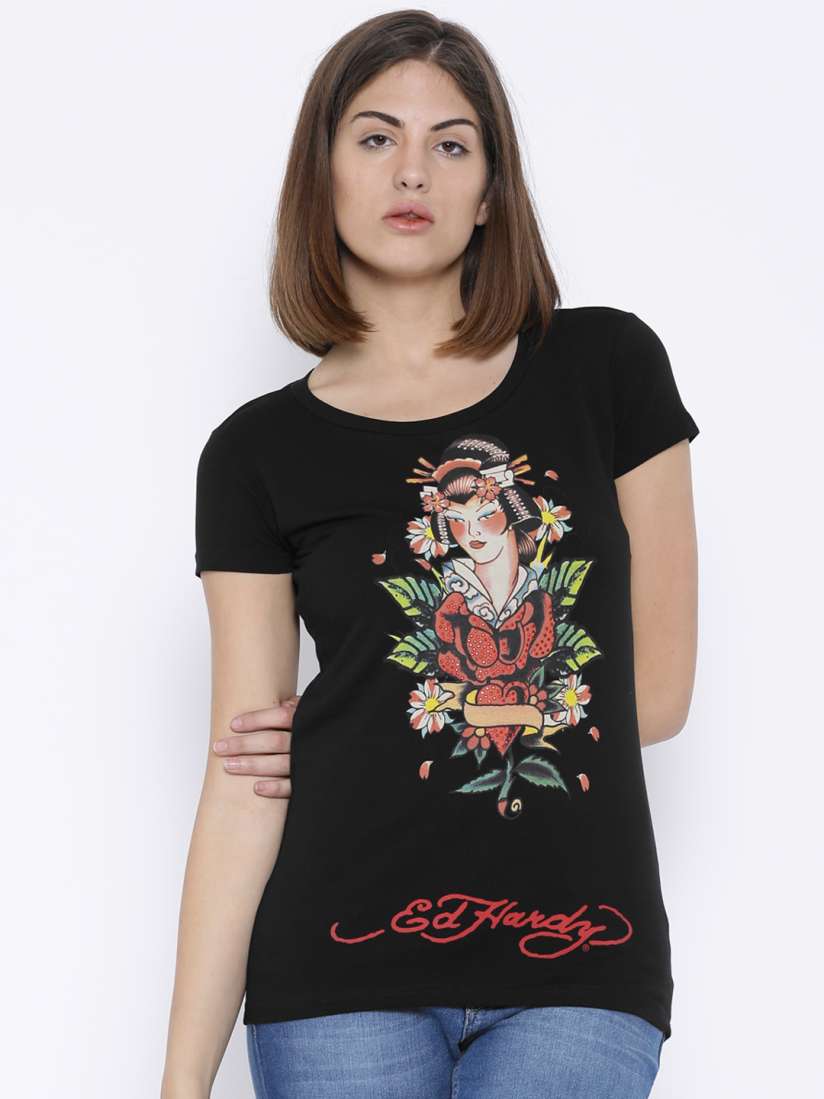 Buy Ed Hardy Black Printed T shirt Tshirts for Women 850151 Myntra