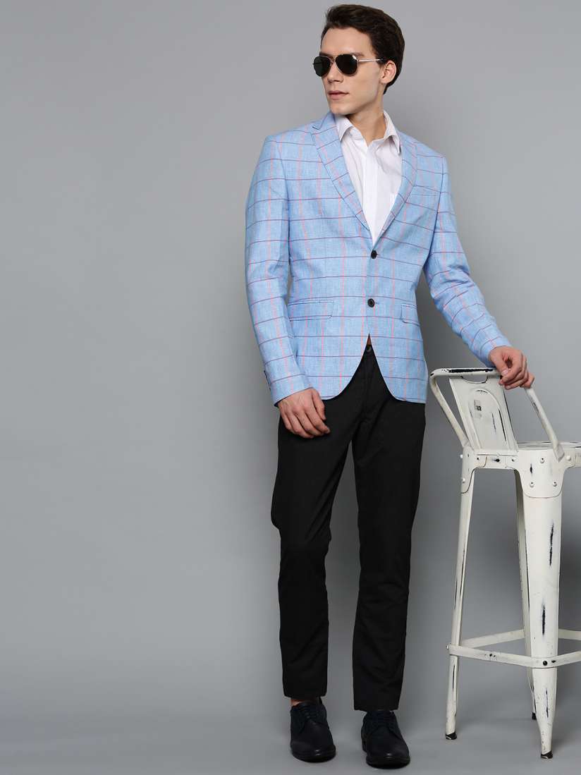 Buy Blackberrys Men Blue Coral Pink Linen Checked Slim Fit Smart Casual Blazer Blazers for Men 8506377 Myntra