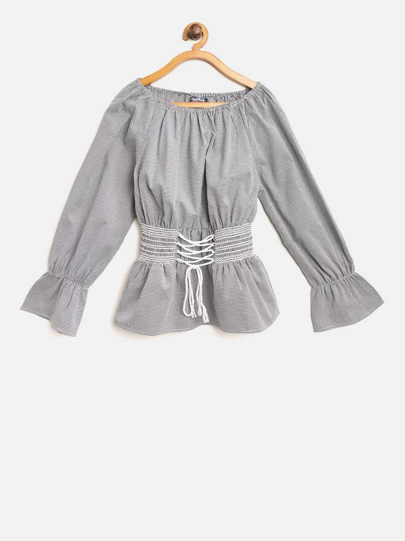 Buy Nauti Nati Girls Black Off-White Checked Bardot Pure Cotton