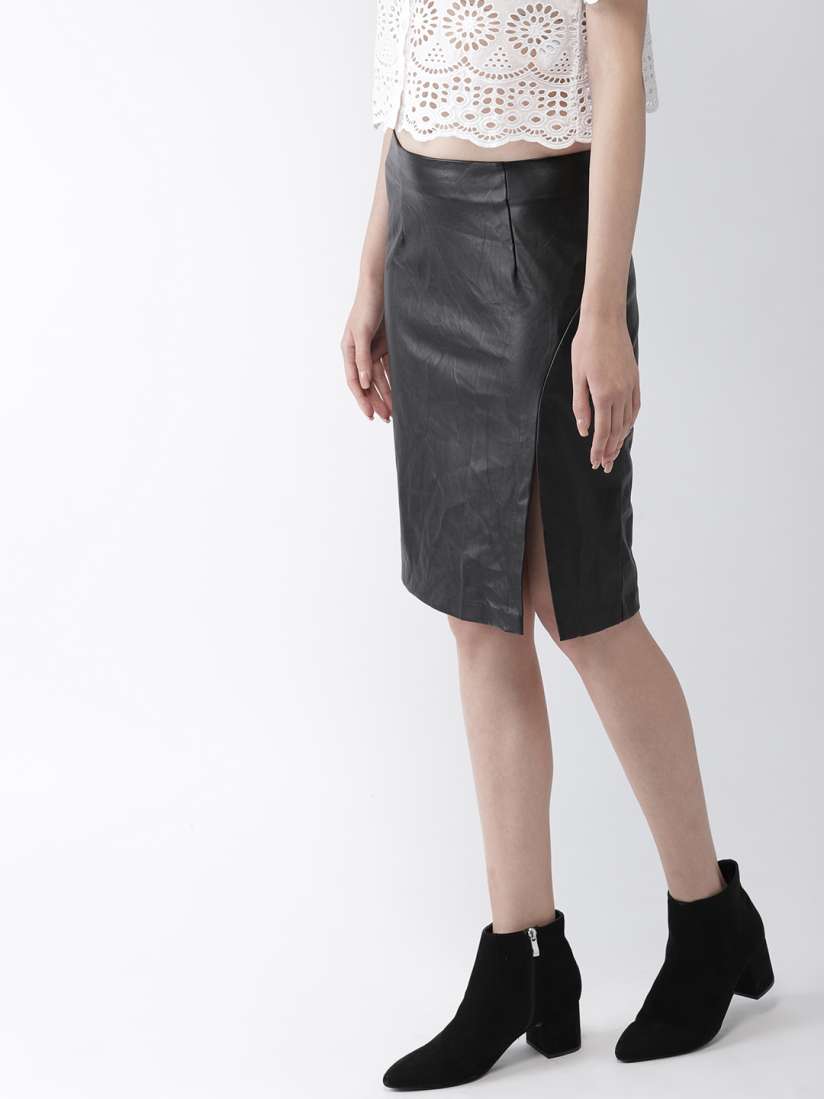 Buy FOREVER 21 Women Black Solid Pencil Faux Leather Skirt Skirts for Women 8633403 Myntra
