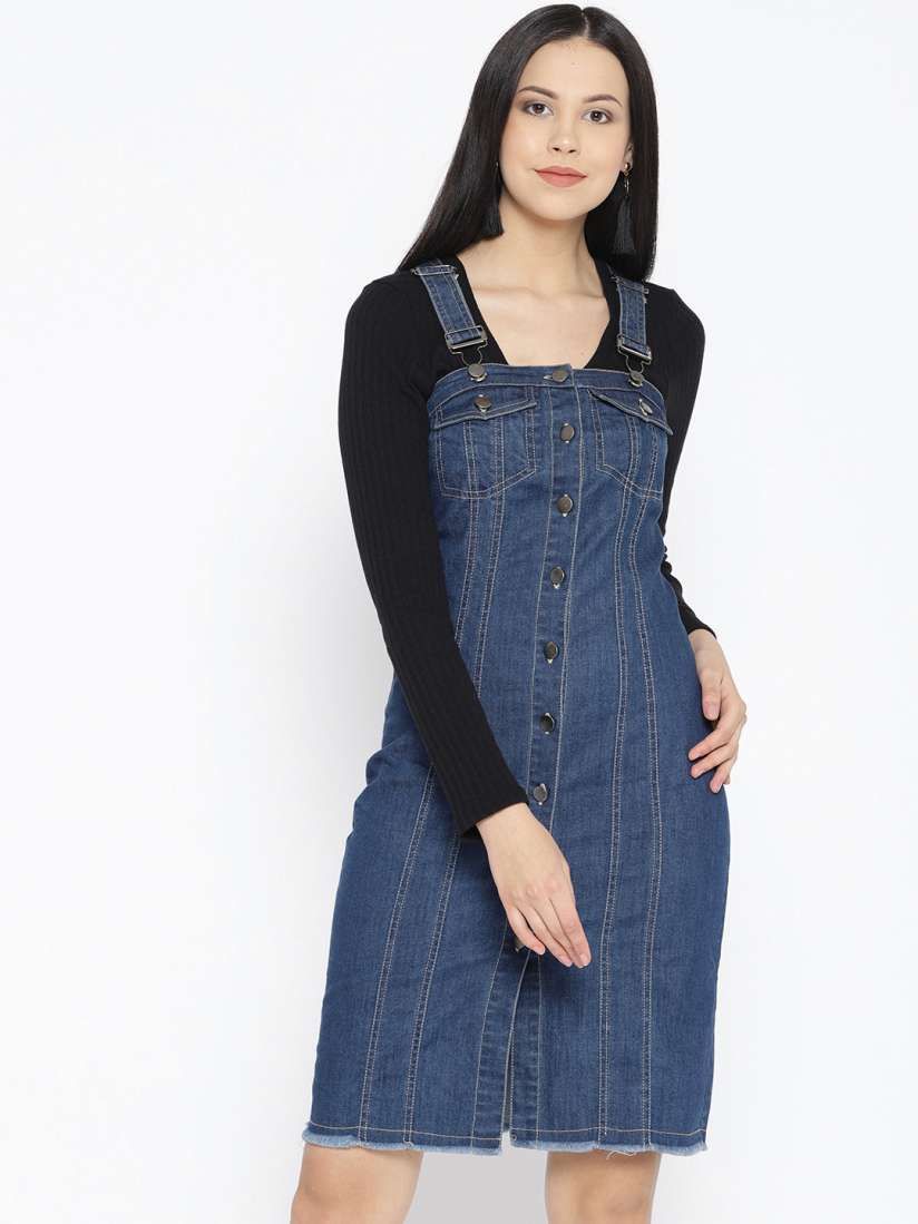 Buy StalkBuyLove Women Blue Solid Denim Pinafore Dress Dresses for Women 8643003 Myntra