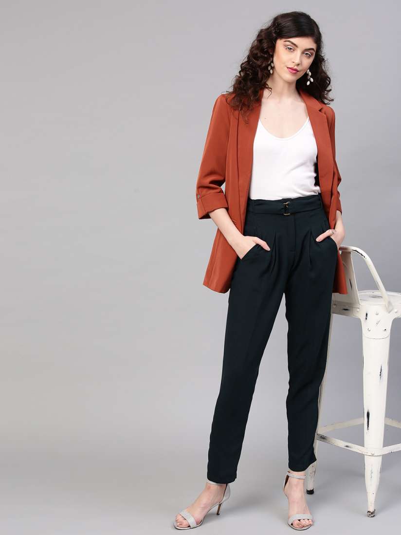 Buy SASSAFRAS Women Navy Blue Regular Fit Solid Peg Trousers Trousers for Women 8643127 Myntra