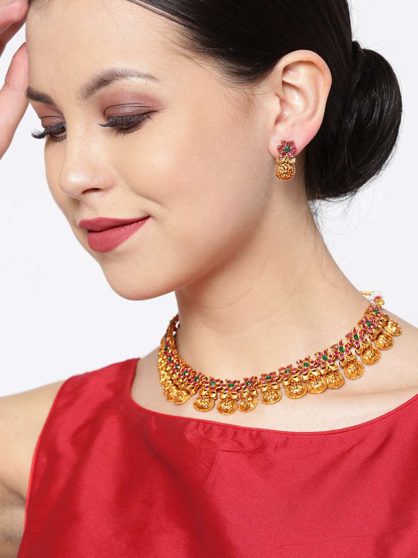 Buy damani Gold Toned Magenta Stone Studded Jewellery Set Jewellery Set for Women 8665781 Myntra