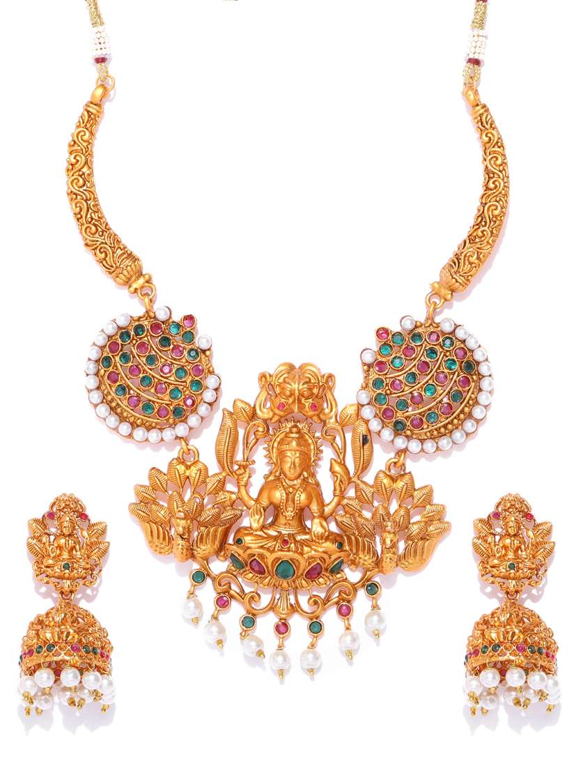 Buy damani Gold Toned Green Stone Studded Temple Jewellery Set Jewellery Set for Women 8665785 Myntra