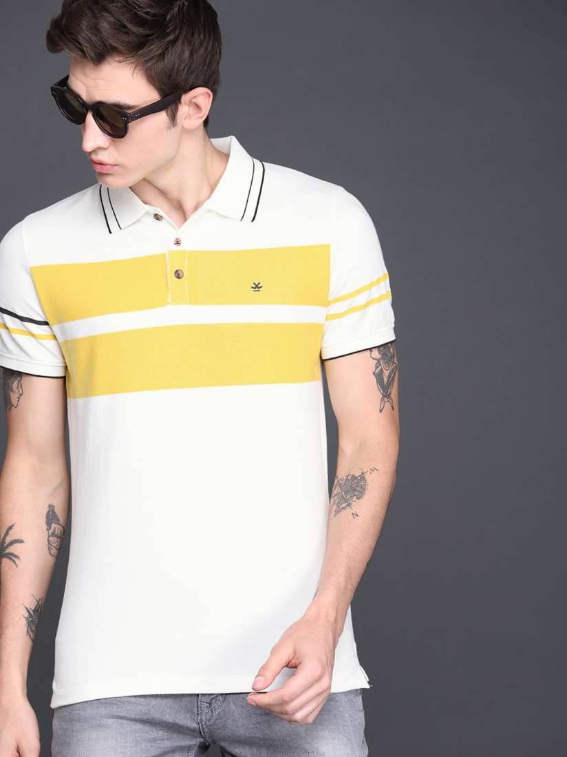 Buy WROGN Men White Mustard Yellow Striped Polo Collar Pure Cotton T shirt Tshirts for Men 8683613 Myntra