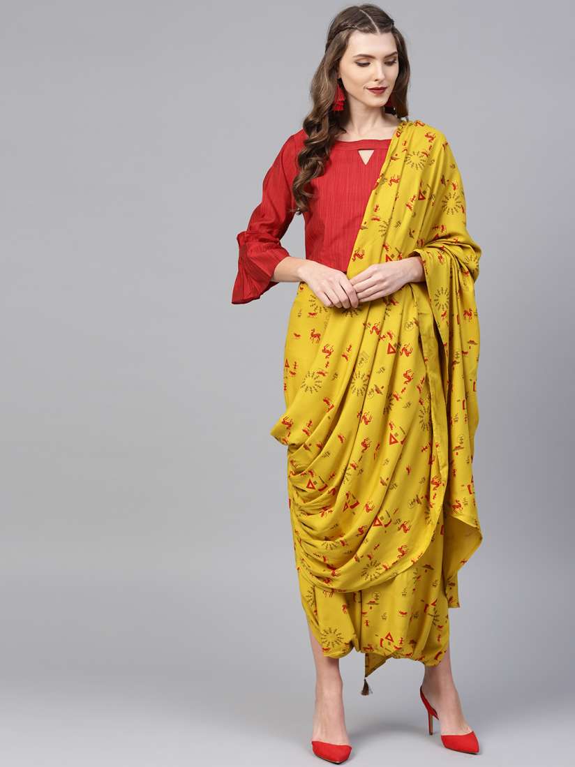 Buy Ishin Mustard Yellow Red Printed Dhoti Saree Sarees for Women 8707005 Myntra