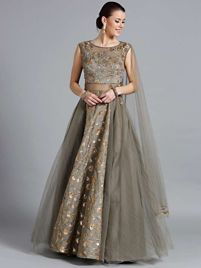 Buy Chhabra 555 Grey Golden Embellished Made to Measure Gown with Attached Dupatta Dresses for Women 8726291 Myntra