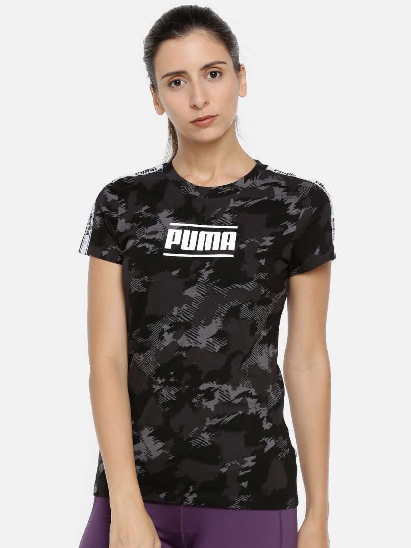 Buy Puma Women Grey Black Printed Camo Pack AOP Round Neck Pure Cotton T shirt Tshirts for Women 8751723 Myntra