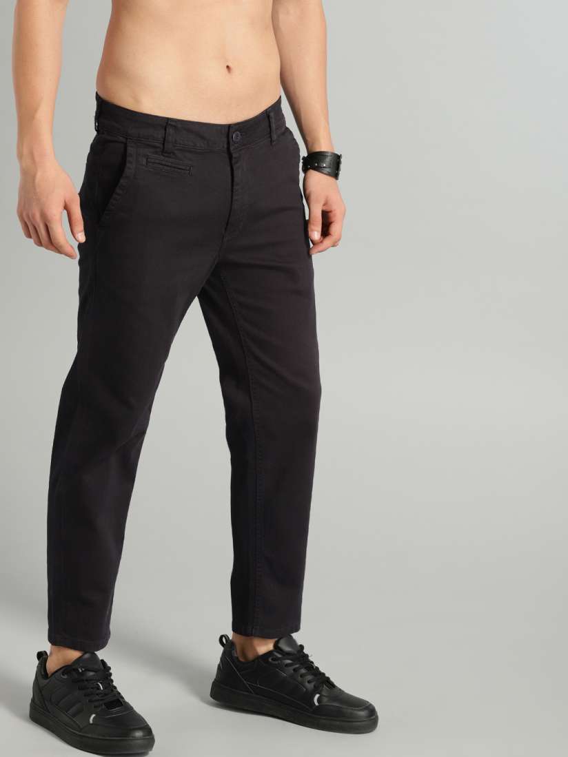 Buy Roadster Men Black Regular Fit Solid Stretchable Cropped Chinos Trousers for Men 8774343 Myntra