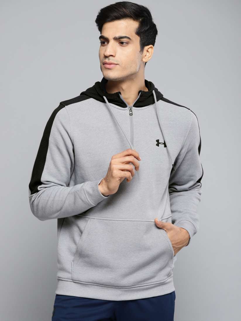 Buy UNDER ARMOUR Men Grey Melange Solid Hooded Microthread Fleece 1 2 Zip Sweatshirt Sweatshirts for Men 8774513 Myntra