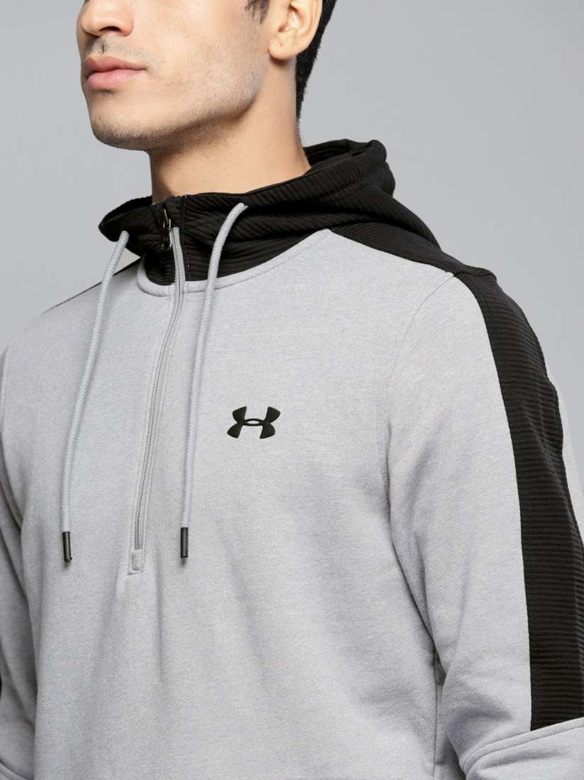 Buy UNDER ARMOUR Men Grey Melange Solid Hooded Microthread Fleece 1 2 Zip Sweatshirt Sweatshirts for Men 8774513 Myntra