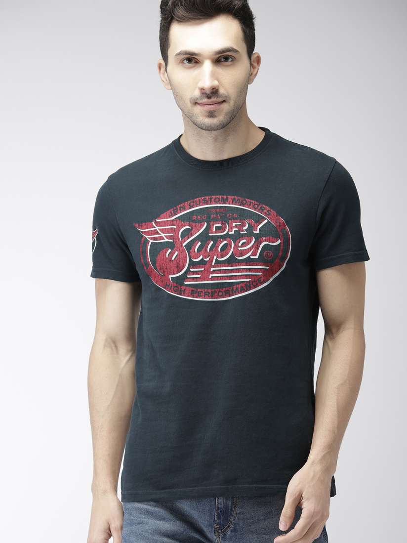 Buy Superdry Men Navy Blue Printed Round Neck Pure Cotton T shirt Tshirts for Men 8800491 Myntra